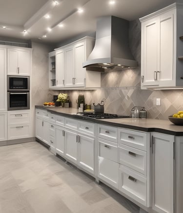 A modern kitchen area is partially visible through an open door. The design features white cabinetry, a green tiled backsplash, and a sleek faucet. A small table and chair are situated nearby, with neutral tones creating a minimalist aesthetic. The lighting is warm, contributing to a cozy ambiance.