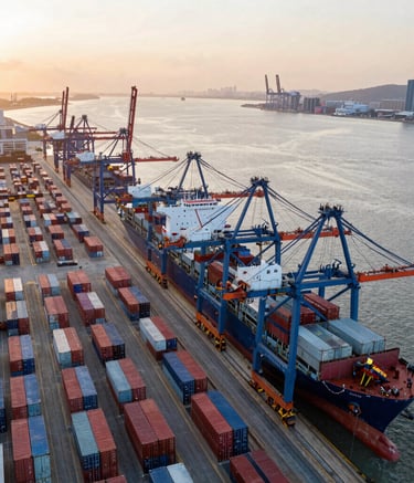 Two people are focused on a laptop, surrounded by papers and fabric samples on a large table. The setting is a modern office with large windows and a view of a building exterior.