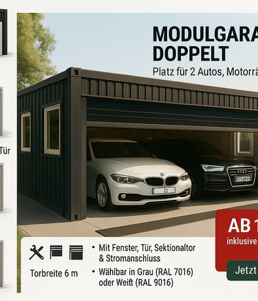 a garage with a garage door and a car in the background