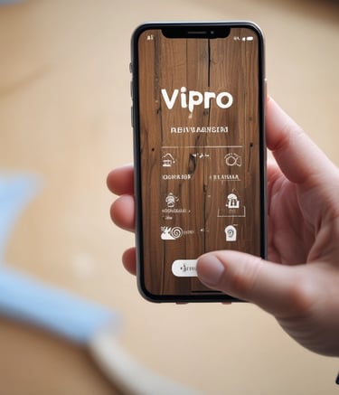 A hand is holding a smartphone displaying a website with the header ''. The smartphone screen shows a section with an image of a person and text underneath. The background is a wooden table surface.