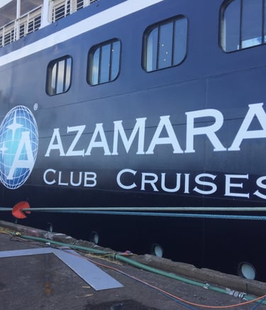 Exterior branding and ship signage installation for Azamara cruise vessels 