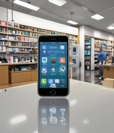 A small kiosk under a large tree, selling mobile accessories and repair services. It is named 'Ravi Communication', as indicated by signs on the storefront. The stand is neatly arranged with mobile phone covers and various accessories. A person is seated inside, seemingly attending to tasks.