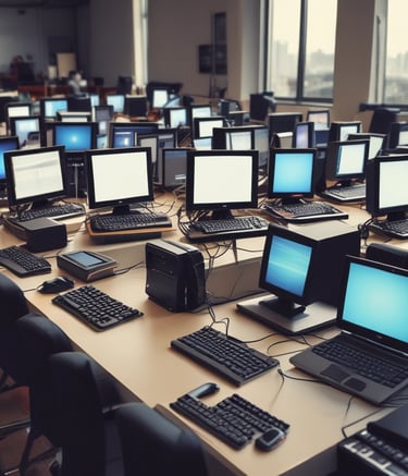 A small motorcycle repair shop with several parked motorbikes is visible. The exterior wall is adorned with posters featuring individuals, and stacked old electronics like televisions and other equipment are present. Piles of tires are neatly organized beside the open garage, where various tools and parts are visible inside.
