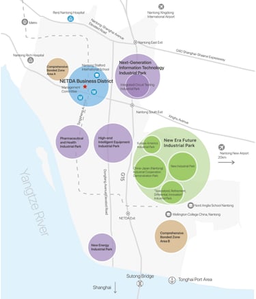 A detailed industrial map of NETDA Business District and New Era Future Industrial Park in Nantong near the Yangtze River.