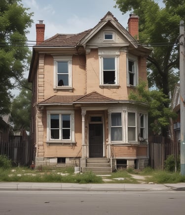 A damaged house is surrounded by a tall black fence with visible tarps and a collapsed roof. The foreground shows a concrete driveway bordered by patches of green grass. In the background, lush green trees stand against a clear blue sky.