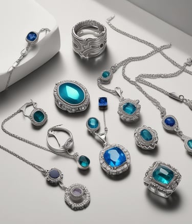 A gold ring adorned with multiple gemstones sits on a flat surface. The stones come in various shapes and colors, including red, blue, green, and clear, set within the band