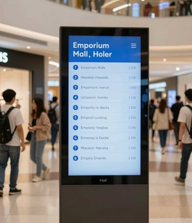 A corridor with a wall featuring multiple illuminated screens displaying abstract images in a grid pattern. The opposite wall is dark, leading to an open doorway that emits a warm orange and yellow glow. The scene has a futuristic and mysterious ambiance.