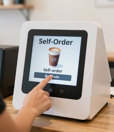 A modern urban art installation featuring a large, rectangular screen displaying an abstract digital pattern with vivid blue and red colors. The screen is mounted on a glass surface within a minimalist architectural setting, characterized by clean lines and neutral-colored walls. The scene includes a paved sidewalk in the foreground.