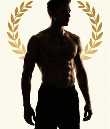 Photography of a high-performance athlete silhouette against a soft cream background, highlighted with rich gold rim lighting. Sophisticated and powerful athletic composition, professional fitness photography.