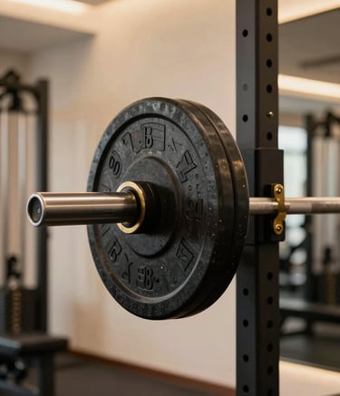 Close-up of professional weightlifting equipment in deep black steel with rich gold accents, set in a premium, modern gym with soft cream walls and warm, directional lighting. High-performance atmosphere.