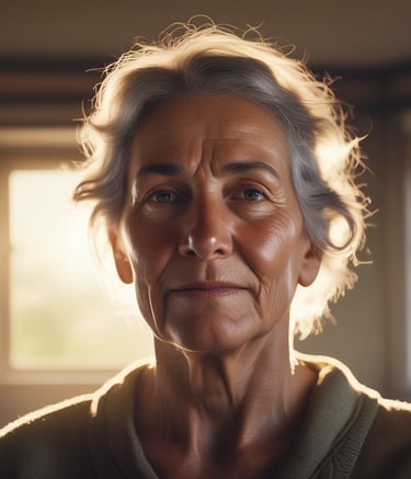 A person with a cane walks down a corridor with arches, while several people lie on the floor, resting against the walls. The setting appears to be serene yet somber, with a play of light and shadows.