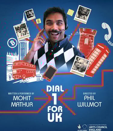 a man with a phone phone in front of a blue background, dial 1 for uk poster