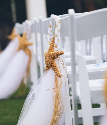 white tule and brown starfish hanger on white wedding chairs
