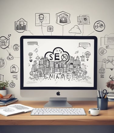 A professional workspace with a laptop and marketing notes.