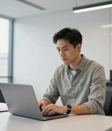 A professional Australian IT consultant in a bright, modern Melbourne office, wearing business casual attire and working on a high-end laptop. The background features clean white walls and large windows with soft natural light, highlighting a professional and trustworthy atmosphere with modern blue accents.