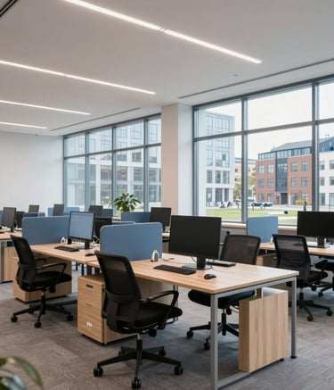 A wide photography shot of a bright, modern office interior in the Baltic region. Large windows reveal a glimpse of modern Northern European urban architecture. The interior is clean, featuring light wood furniture, muted blue accents, and high-end computer equipment, reflecting a professional and reliable tech hub atmosphere.