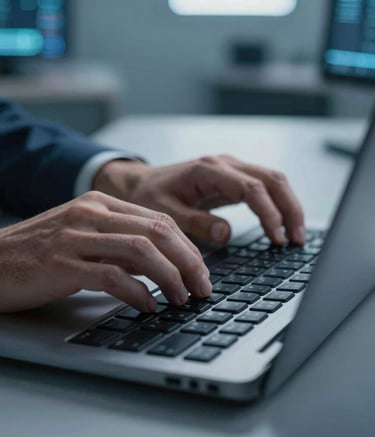 A close-up photograph of professional hands working on a high-tech keyboard in a modern, tech-focused environment. The lighting is cool and professional, featuring muted blue and dark navy tones characteristic of a high-security technical hub. The setting is a clean, contemporary office in Northern Europe.
