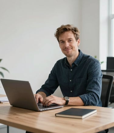 A professional tech expert in a clean, modern Northern European office setting in Tallinn. The individual is wearing smart-casual attire, sitting at a minimalist wooden desk with a high-end laptop, looking towards the camera with a confident and friendly expression. Soft, natural light fills the room, highlighting a clean and organized aesthetic.