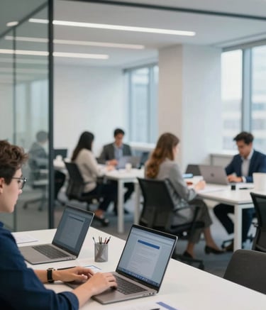 A high-end, minimal office environment in the City of London, featuring glass partitions and professional students engaged in a valuation workshop. The color palette emphasizes #0C1E2B and #A9BCCD with natural, bright lighting.
