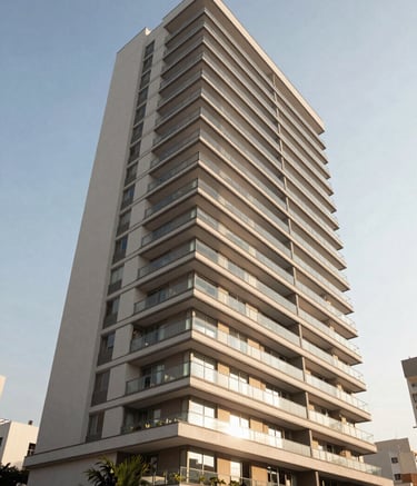 Exterior wide shot of a modern Brazilian residential building with elegant architectural lines, set against a clear sky, clean and bright, reflecting a premium lifestyle.