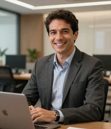 A focused professional in a modern office setting in Brazil, representing trust and management expertise in the real estate sector, warm and clean lighting.