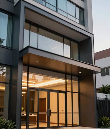 A close-up of a modern, sophisticated building entrance in Brazil, focusing on high-quality materials like glass and steel, soft evening lighting, South American residential style.