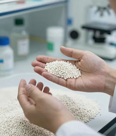 Close-up photography of professional hands inspecting high-grade fertilizer granules in a bright, modern laboratory setting. The atmosphere is clean and professional with Pale Green and Mist White tones, representing scientific expertise in a Global / International context.