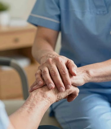 A close-up photograph of a compassionate moment in a UK / British care facility, showing a nurse's hand gently resting on an elderly patient's hand. The nurse wears a professional soft blue tunic. The lighting is warm and reassuring.