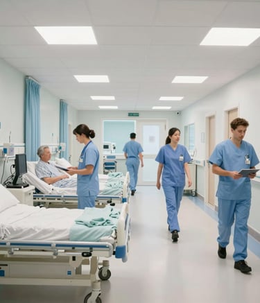 A wide-angle shot of a bright, modern UK hospital ward. The environment is organized and calm, featuring healthcare professionals in uniform moving efficiently through the space. The palette is dominated by soft white and pale blue.