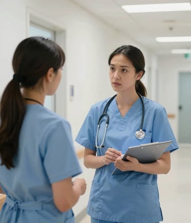 A professional UK / British healthcare setting where a specialist nurse is consulting with a colleague in a bright, modern corridor. The lighting is soft and natural, emphasizing a calm, efficient atmosphere with clean surfaces in soft white and pale blue tones.