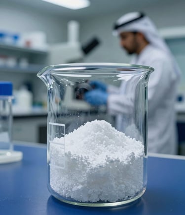 A clean, clinical close-up of high-quality white crystalline Sodium Sulfate inside a glass beaker, set in a professional laboratory with deep ocean blue accents. A specialist in a modern Middle Eastern / Egyptian with Global Reach facility is visible in the background, out of focus.