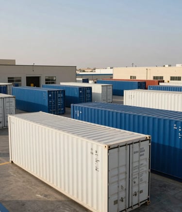 An exterior wide shot of a clean, modern logistics and distribution center in Cairo, Egypt. Large shipping containers in soft pearl white and deep ocean blue are being organized under clear skies, reflecting a Middle Eastern / Egyptian with Global Reach industrial hub.