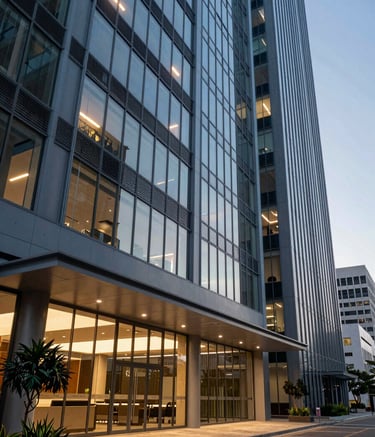 Fotografia profissional do interior de um moderno edifício corporativo em uma capital brasileira, com paredes de vidro, luz natural abundante e detalhes decorativos em azul aço, transmitindo estabilidade e inovação.