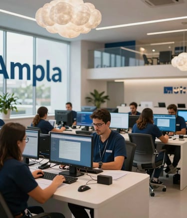 Ampla visão de um centro de atendimento moderno e dinâmico no Brasil, profissionais focados, tecnologia avançada e decoração elegante em tons de azul e branco nuvem.