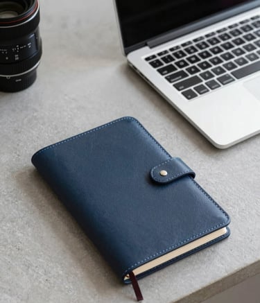 A clean, minimalist workspace in a Global / International city, featuring a laptop and a leather-bound notebook on a slate grey desk, bright natural lighting, sophisticated feel, incorporating deep charcoal blue and off-white azure accents.