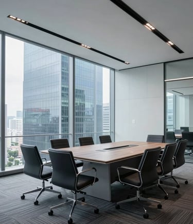 A wide shot of a modern glass-walled boardroom in a bright office skyscraper, minimalist decor with light gray and blue accents, Global / International setting, professional and clean atmosphere.