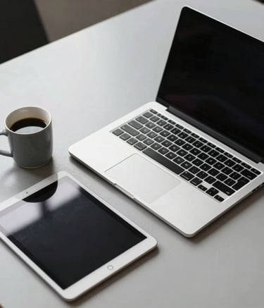 Professional high-angle shot of a minimalist workspace with a sleek laptop, a tablet, and a coffee cup on a light gray desk, soft natural lighting, Global / International corporate style.