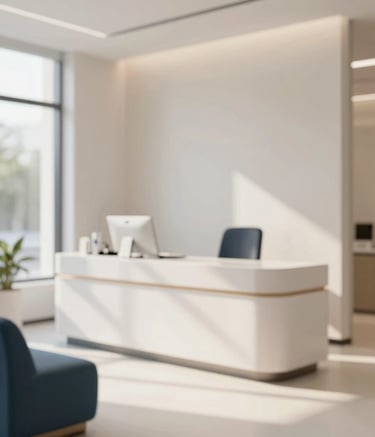 A bright and welcoming dental clinic reception area. The design is modern and sophisticated, featuring clean lines, a minimalist desk, and comfortable seating in shades of #2C3E50 and #F8FDFE. Soft sunlight fills the room, emphasizing credibility and comfort.