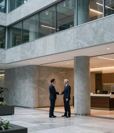A sophisticated lobby of a North American / US corporate headquarters. The design is modern with clean lines, featuring Ocean Slate and Mist Gray architectural elements. Two professionals are seen shaking hands in the background.