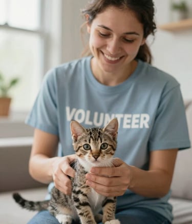 A warm, hopeful scene of a volunteer in a #5C7B6C colored shirt gently playing with a small foster kitten in a bright Michigan home. Soft, natural lighting from a nearby window, professional photography style, incorporating the brand's compassionate and trustworthy mood.