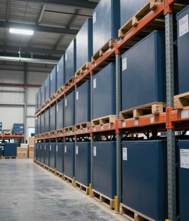 A high-tech, organized warehouse interior in a North American / Global Turkish logistics hub, showing high ceilings and clean shelves. The atmosphere is efficient and professional, with a color palette of Dark Slate Blue and Muted Blue-Grey.