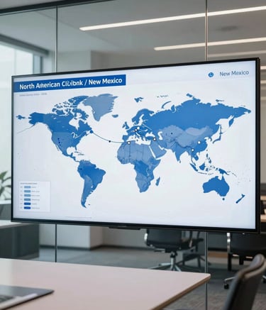 A professional North American / Global Turkish corporate office setting in New Mexico, featuring a glass-walled conference room with a digital map of global trade routes. The lighting is bright and modern, incorporating Steel Blue and Soft Pearl Grey tones.