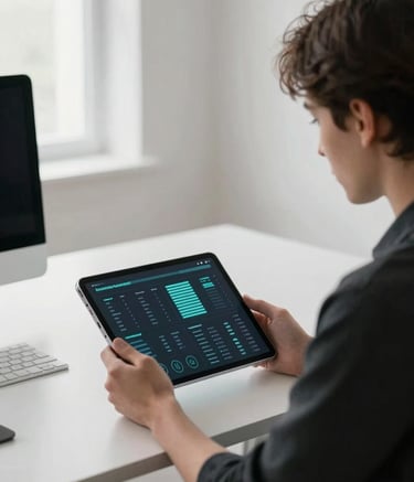 A focused professional in a minimalist, bright office using a sleek, transparent tablet displaying light teal data visualizations. Global / Modern setting with soft natural light and subtle tech accents.