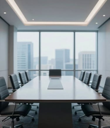 A sophisticated wide-angle photograph of a modern, minimalist boardroom. The room features a long polished table reflecting soft overhead lighting. Large windows show a hint of a corporate skyline. The color palette emphasizes #8DA9C4 and #E0E8F0, creating a sense of clarity, expertise, and refined professionalism.