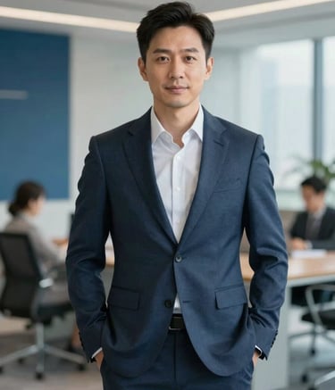 A professional portrait of a confident entrepreneur standing in a modern office. They are wearing a sharp suit in #0F1C2E. The background is slightly out of focus, showing a sleek architectural workspace with #3A506B accents. The lighting is soft and natural, conveying trustworthiness and vision.