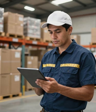 Detailed photography of a logistics professional in a South American warehouse setting, holding a tablet and overseeing loading operations. The background shows a modern, organized distribution center with professional lighting and hints of navy blue and gold brand colors.
