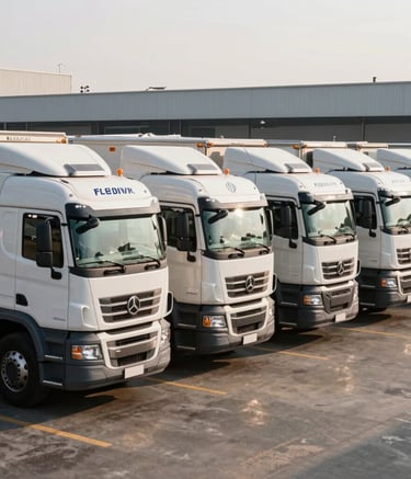 A professional photo of a fleet of freight trucks in a clean, industrial South American lot. The lighting is crisp morning sun, highlighting the modern design and cleanliness of the vehicles, reflecting corporate efficiency.