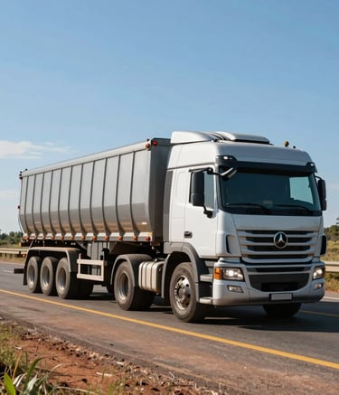 A wide-angle landscape shot of a modern heavy-duty cargo truck driving on a well-maintained highway through the Brazilian countryside. Clear blue sky, bright daylight, professional commercial photography style conveying reliability and movement.