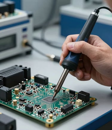 Close-up of a technician's hand using a high-precision soldering iron on a car's engine control unit circuit board. The setting is a clean, modern workshop in Southern Europe with steel blue and dark blue accents. The lighting is bright and professional, highlighting the intricate electronic components.