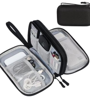 Compact double-layer waterproof cable organizer case for travel electronics and cords.